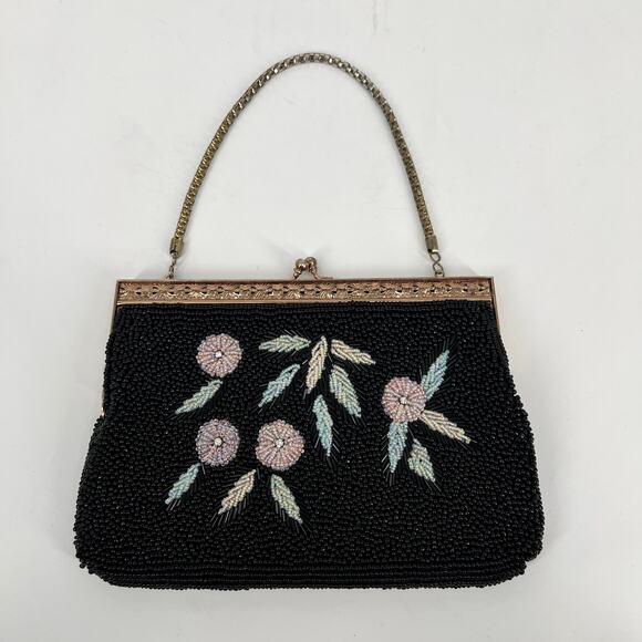 Vintage Handbags - Vintage Beaded Handbag Purse Small Black Pink Floral Kiss Lock Chain Strap